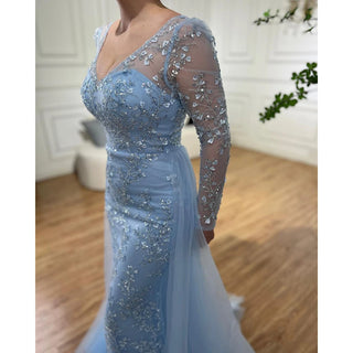 Blue Mermaid Elegant Evening Dress with Train - Beaded Luxury Arabic Gown for Women's Wedding Party 2024