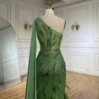 2024 Arabic Green One Shoulder Beaded Feathers Luxury Evening Gown with Side Cape Shawl for Women's Party