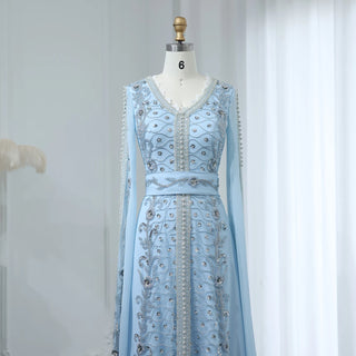 Dubai Blue Evening Dress for Women Elegant Long Sleeves Muslim Arabic Formal Wedding Party Gown