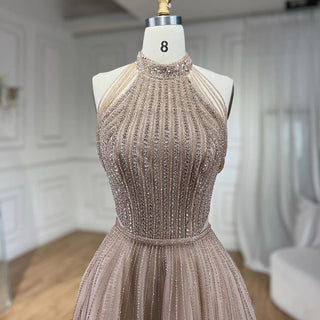 Ships in 1 to 3 Days - Arabian Nights: 2024 Caramel Elegant A-Line Luxury Evening Dress - Dubai Sequins Beaded Tassel Formal Halter Dress