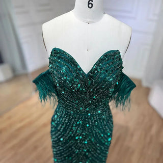 Green Mermaid High Split Spaghetti Strap Evening Dress: 2024 Feather Beaded Gown for Women's Party