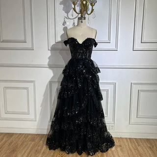 Arabic Black High Split Spaghetti Strap A-Line Lace Beaded Evening Dresses Gowns for Women's Wedding Party