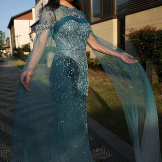 Mermaid Turquoise Crystal Dubai Evening Dress with Cape Sleeves Arabic Women Wedding Party Gown