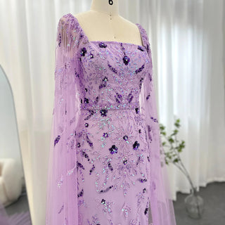 Dubai Luxury Lilac Evening Dress with Feathers and Cape Sleeves: Ankle Length Midi Elegance for Arabic Women's Wedding Party Gowns