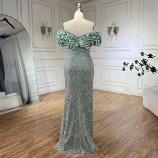 Luxury Dubai Sage Green Evening Dresses for Arabic Women: Elegant Off-Shoulder Mermaid Gown, Ideal for Champagne Wedding Parties