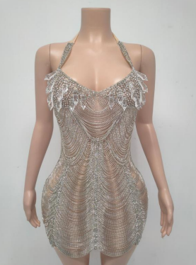 Dazzling Chainmail Mini Dress with Fringe Crystal Accents