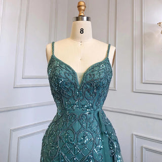 Green Spaghetti Straps Mermaid Evening Dress 2024 with High Split and Beaded Elegance - Ideal for Women's Parties