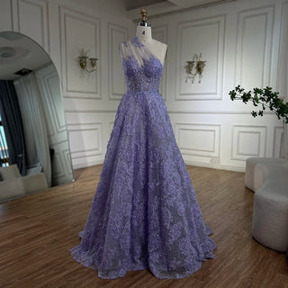 Ships in 1 to 3 Days - 2024 Arabic Lilac One-Shoulder A-Line Lace Appliques Luxury Prom Dress for Women's Party