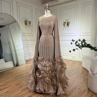 Arabic Caramel Mermaid Elegant Cape Sleeves Beaded Satin Luxury Evening Dresses Gowns for Women Party 2024