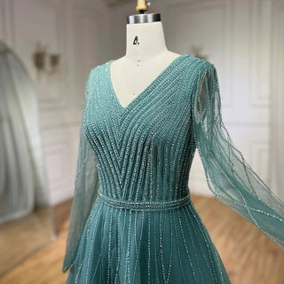 Turquoise Muslim Elegant A-Line Evening Dress with Beaded Details for Formal Events 2024