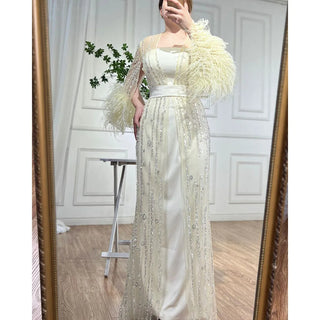 Ships in 1 to 3 Days - Beaded Feathers A-Line Cream Caftan Marocain Femme Evening Dress with Jacket - Gown for Party