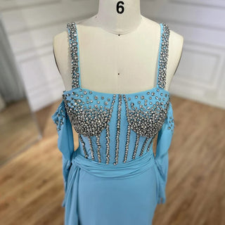 Ships in 1 to 3 Days - Dubai Luxury Evening Gown: 2024 Blue High Slit Mermaid Spaghetti Strap Gloves Perfect for Wedding Parties