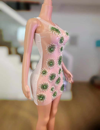 Sheer Floral Embellished Mini Dress with 3D Appliques