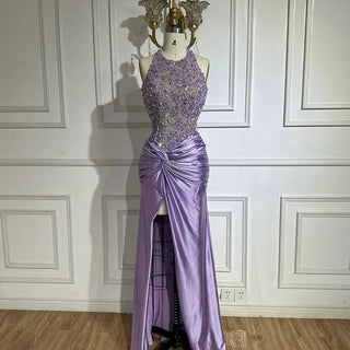 2025 Arabic Lilac Halter Neck Side Slit Mermaid Luxury Dubai Evening Gown Beaded Dress for Women's Party