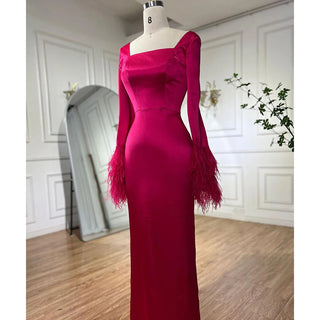 Fuchsia Elegant Arabic Mermaid Evening Dress 2024: Sexy Feathers, Ideal for Women's Wedding Party