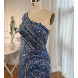 Arabic Blue Mermaid Sexy High Split Cape Sleeve Beaded Evening Dresses Gowns 2024 - For Women Wedding Party