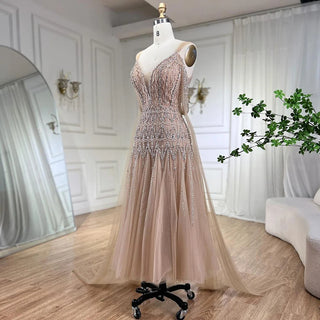 Arabic Nude A-Line Sexy Midi Straps Cape Sleeves Beaded Evening Dress: 2024 For Women's Wedding Party