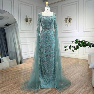 Ships in 1 to 3 Days - Turquoise Beaded Cape Sleeves Mermaid Long Evening Dress: Gowns for Women's Wedding Party