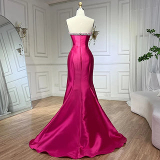 Fuchsia Mermaid Mikado Satin Strapless Balloon Sleeves Evening Dress - Women's Wedding Party 2024