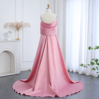 Luxury Dubai Pink Satin Evening Dress with Train 2024 Elegant Off-Shoulder Arabic Gown for Women's Wedding Party