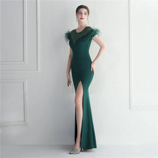 Elegant Feather Crystal Evening Dress with Sexy Slit - Floor-Length Party Maxi Celebrity Dress