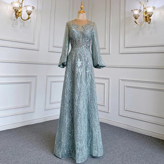 Blue Muslim A-Line O-Neck Evening Dress - Luxury Crystal Beaded Gown 2024, Women's Wedding Party