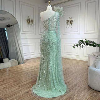 Ships in 1 to 3 Days - Sage Green One-Shoulder Mermaid Evening Gown - Luxurious Dubai Arabic Design with Pearls