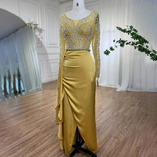 Yellow Long Sleeves Mermaid Evening Dress with Skirt - Beaded Dubai Mid-Length Party Gown 2024 for Women