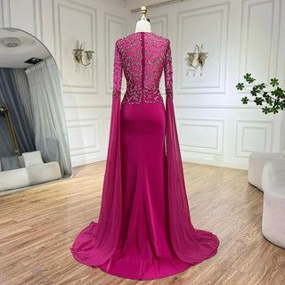 Ships in 1 to 3 Days - Arabic Fuchsia Mermaid Evening Dress with Cape Sleeves and Beaded Gloves Luxury Dubai Gowns for Women's Party 2024