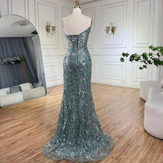 Ships in 1 to 3 Days - Arabic Blue Strapless Yellow High-Split Mermaid Beaded Luxury Evening Gown for Women Wedding Party 2024