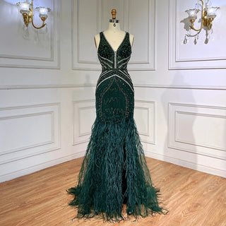 Ready To Ship : Green Elegant Mermaid Split Feathers Beaded Formal Arabic Luxury Prom Dress for Women Party 2024