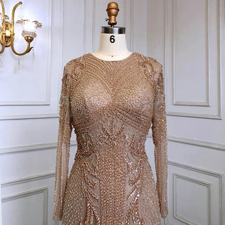 Ships in 1 to 3 Days - Nude Mermaid Prom Dress 2024 with Long Sleeves, Sparkling Sequined Beading - Luxury Elegance