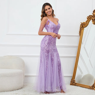 Sexy Purple Sequin Mesh Evening Dress - Strap Beaded Party Maxi Prom Dress for Women