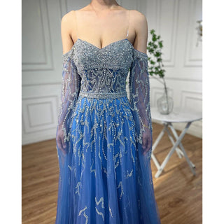 Ships in 1 to 3 Days - Blue A-Line Off-Shoulder Cape Sleeves Evening Dress 2024 - Beaded Luxury Gown for Women's Arabic Party