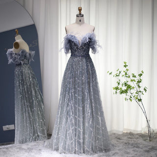 Emerald Enchantment: 2024 Dubai Feathered Gown with Elegant Off Shoulder Design for Wedding Celebrations.