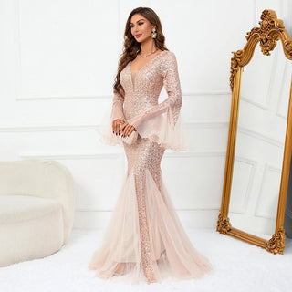 Elegant Long Sleeve Sequin Evening Dress - Gold Mesh Party Maxi Dress