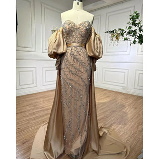 Ships in 1 to 3 Days - Arabic Olive Satin Mermaid Strapless Puff Sleeves Beaded Evening Dress - Gown for Women's Wedding Party 2024