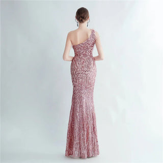 Elegant Slash Neck Feather Sequin Evening Dress - Beaded Long Party Maxi Dress for Women