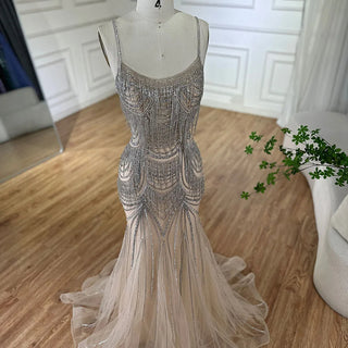 Ships in 1 to 3 Days - 2024 Silver Nude Spaghetti Strap Mermaid Evening Dress - Luxury Beaded Tassel Gown for Formal Occasions