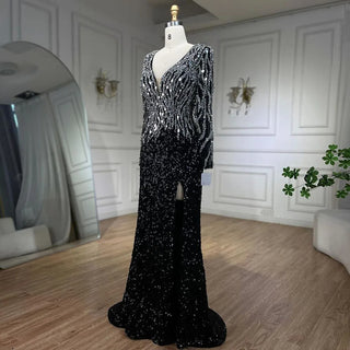 Elegant 2024 Dubai Black Mermaid Evening Dresses: Luxury V-Neck, Long Sleeves, Ideal for Arabic Women's Formal Party Gowns