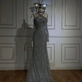 Ships in 1 to 3 Days - 2024 Arabic Gray Decorative Halter Mermaid Luxury Dubai Evening Gown Beaded Dress for Women's Party