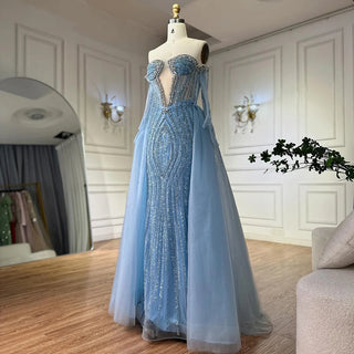 Blue Mermaid Evening Gown with Gloves and Detachable Overskirt – 2025 Custom Arabia Design