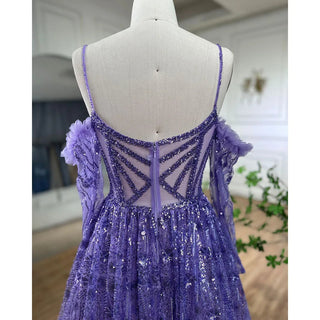 Arabic Purple Spaghetti Strap A-Line Dubai Evening Dress 2024 with Long Sleeves, Beaded Luxury - Ideal for Special Occasions