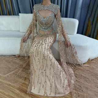 2024 Nude Mermaid Evening Gown with Beaded Crystal Detailing and Removable Cape Sleeves for Formal Occasions