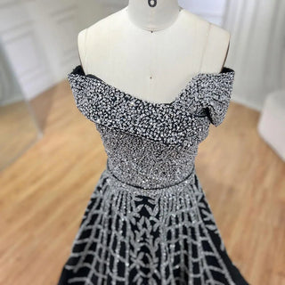 2024 Elegant Black Beaded A-Line Evening Gown: Off-Shoulder Luxury Dress for Women - Long Party Dress