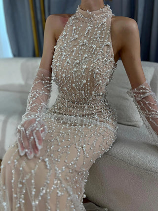 Dubai Luxury Pearls Beaded Mermaid Evening Dress Gown 2024 for Women - White Nude for Wedding Parties