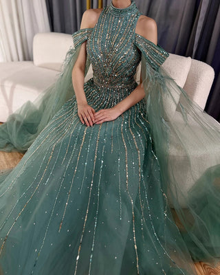 Ships in 1 to 3 Days - 2024 Arabic Turquoise A-Line Evening Gown with Beaded Cape Sleeves and Feather Details for Wedding Parties