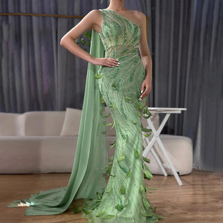 2025 Arabic Green One Shoulder Beaded Feathers Luxury Evening Gown with Side Cape Shawl for Women's Party