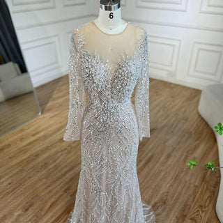 2024 Muslim Nude Mermaid Luxury Lace Pearls Beaded Arabic Evening Gown for Women Wedding and Party Dress