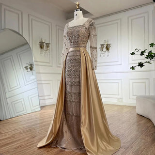 Ships in 1 to 3 Days - 2024 Arabic Nude Mermaid Beaded Luxury Dubai Evening Gown with Detachable Satin Overskirt for Women's Party